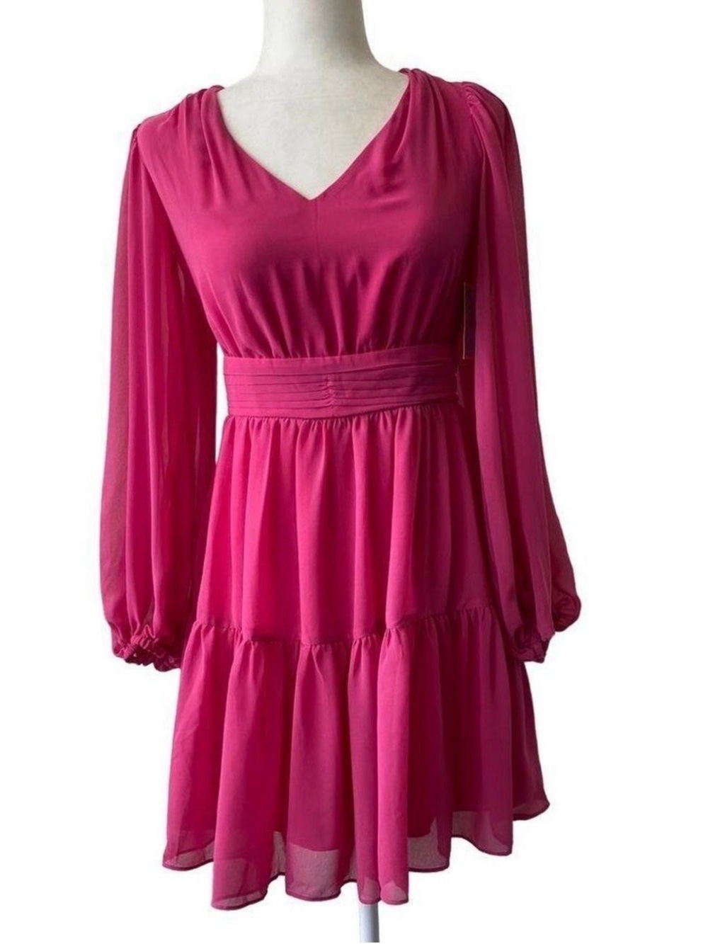 CeCe Hot Pink Long-Sleeve V-Neck Tiered Dress